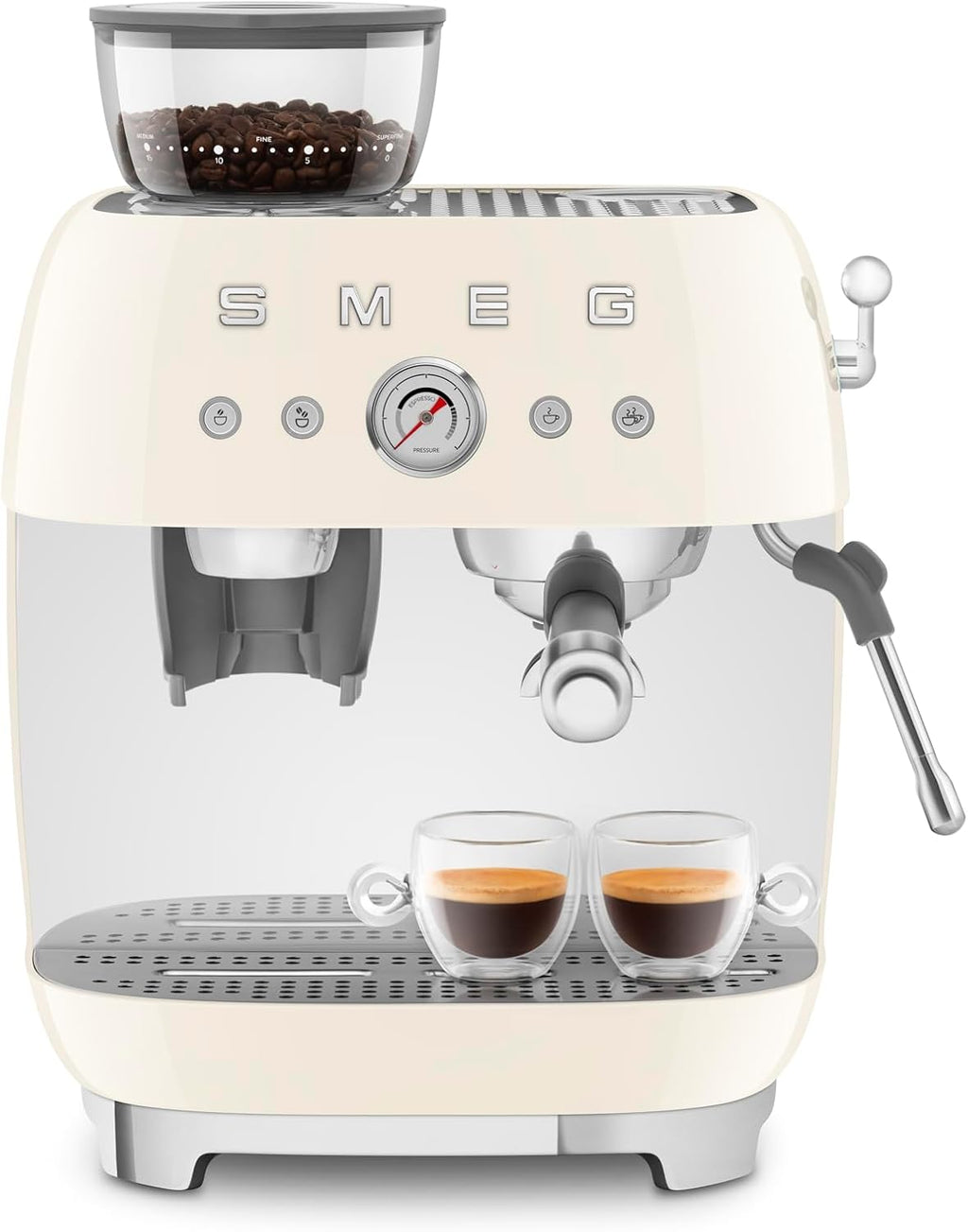 Smeg EGF03 Semi-Automatic Espresso Machine with Built-In Grinder, Dual Thermoblock, 50's Retro Style – Cream (120 V)