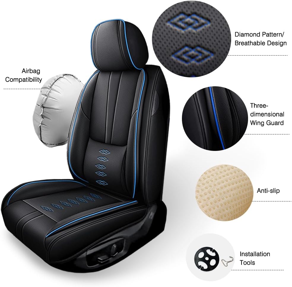 Car Seat Covers for Cadillac Eldorado 1997-2002,Waterproof Leather Seat Covers 2-Seats Standard,Car Interior Accessories with Airbag,Car Seat Protectors for Eldorado(Black+Blue)