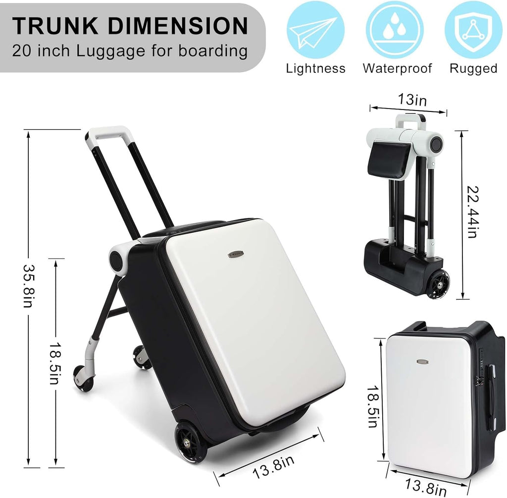 Carry on Luggage with Seat for Kids Expandable Ride on Suitcase with Spinner Wheels and Locks for Travel (White)