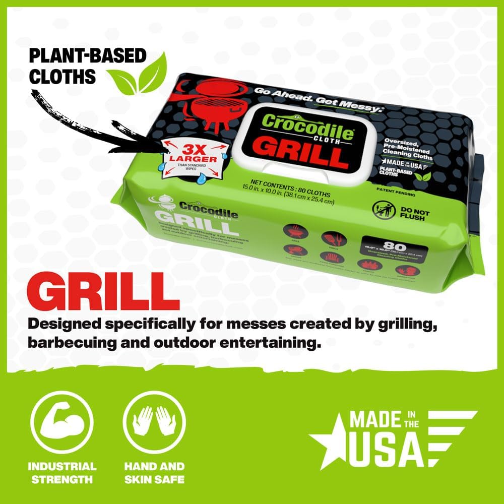 Crocodile Cloth Grill Wipes, 640 Count (8 Packs) – Extra-Large 15' x 10' Plant-Based Cleaning Cloths, Safe on Skin & Surfaces, Pre-Moistened with Aloe & Vitamin E