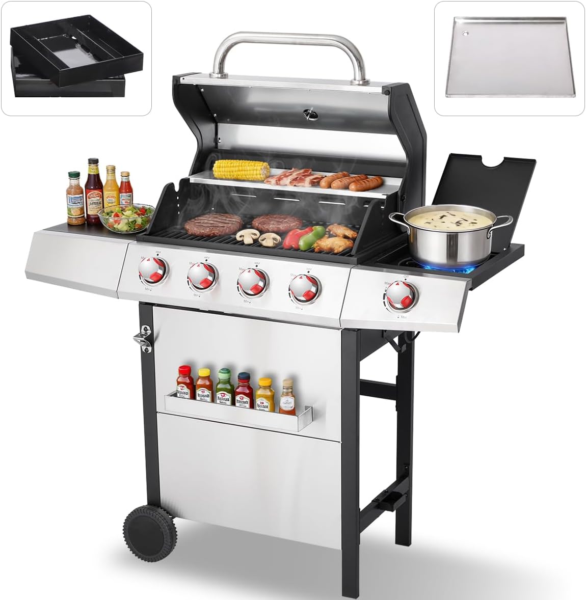 CIG GARDEN Dual Fuel Grill Combo, Propane & Charcoal BBQ with 52,000 BTU, 2 Side Shelves, Cast Iron Grid & Griddle Plate, Outdoor Grill for Patio, Backyard, Garden, Silver & Black