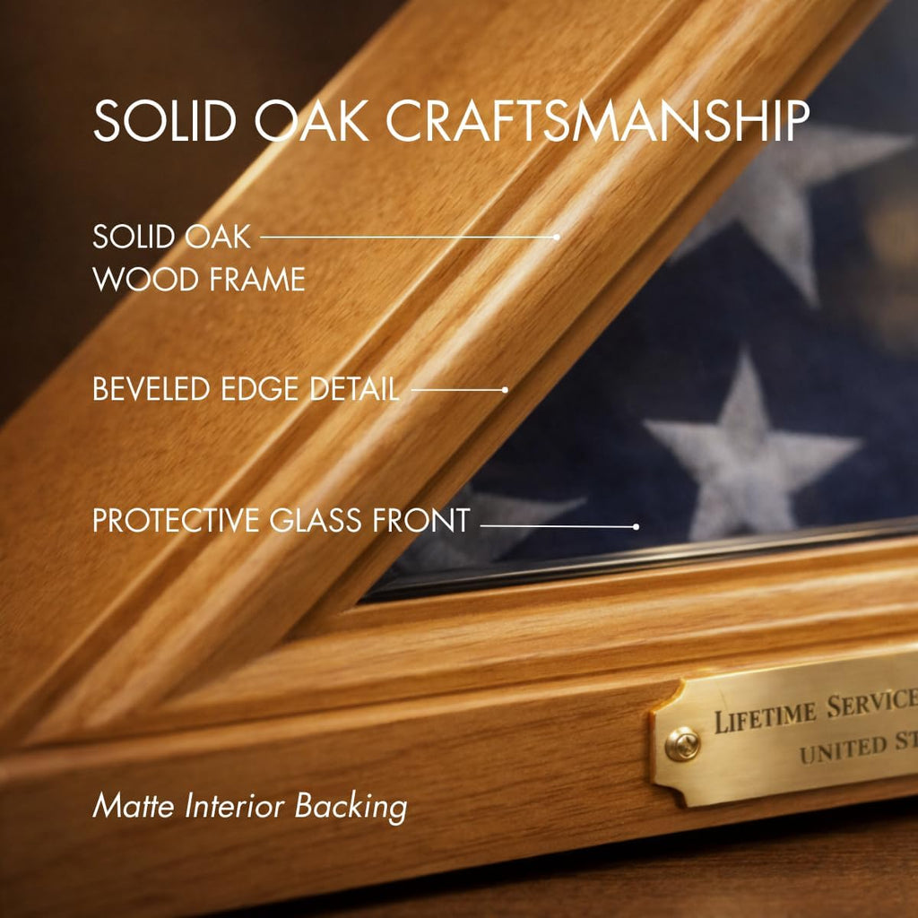 Bey-Berk Custom Personalized Solid Wood Triangle Glass Front Flag Display Case (Oak)