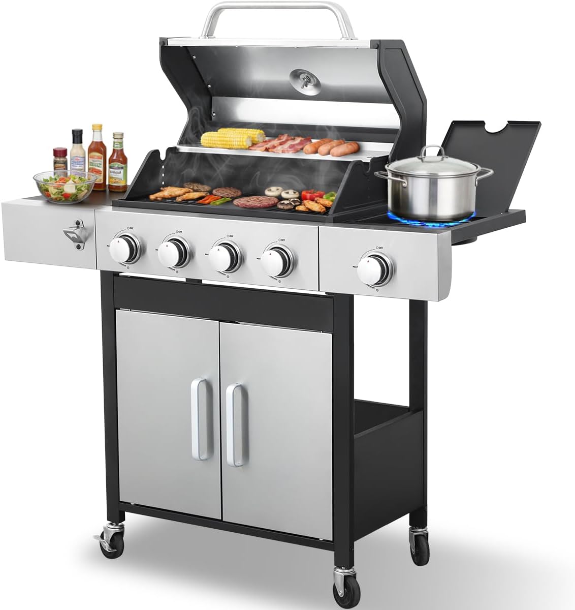 CiG Garden 4 Burner Propane Gas Grill with Side Burner, 52,000 BTU BBQ Grill with Lid Cast Iron Grates and Double-layer Stainless Steel, Outdoor Barbecue Grill Perfect for Balcony, Backyard, Camping