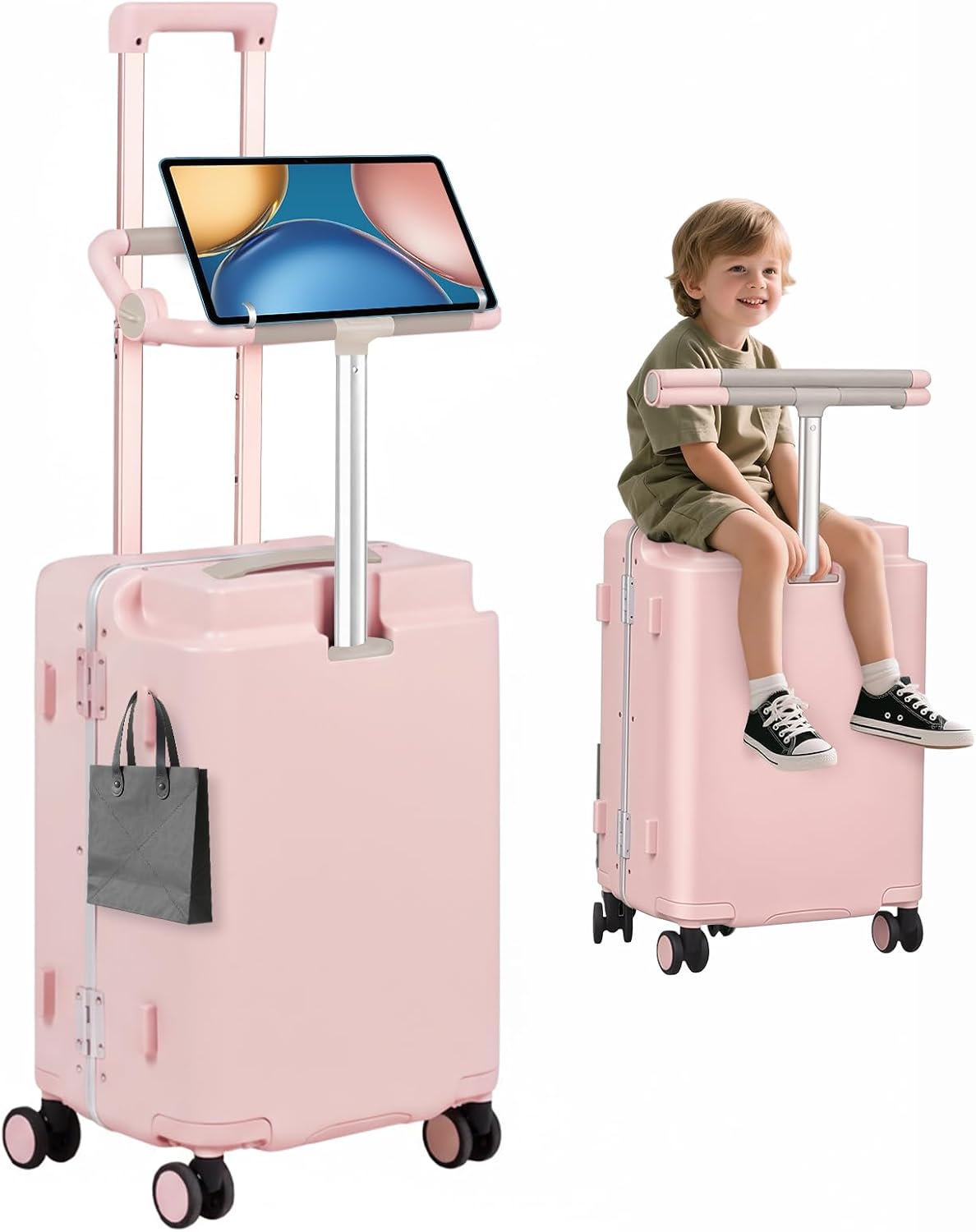 Kids Ride-On Luggage with Adjustable Safety Seat, 20 Inch Carry On Suitcase with 360° Silent Wheels, Cup & Tablet Holder, TSA Lock, For Toddlers to Adults, 200lbs Support, Lightweight Travel Suitcase