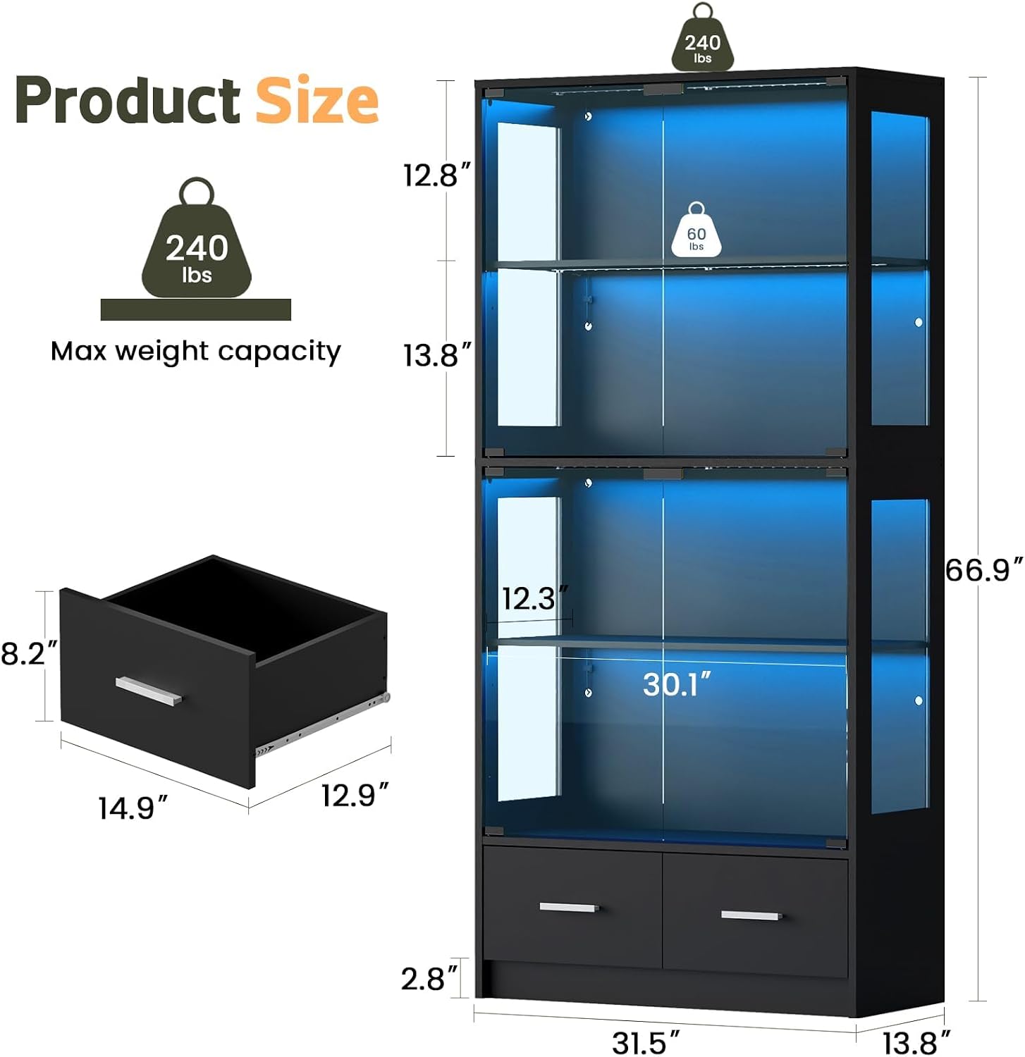 Lamtor Display Cabinet with Glass Doors - 67' Curio Cabinet for Collectibles with RGB LED Lights and 2 Drawers, 4 Tier Glass Display Case for Living Room, Office, Black