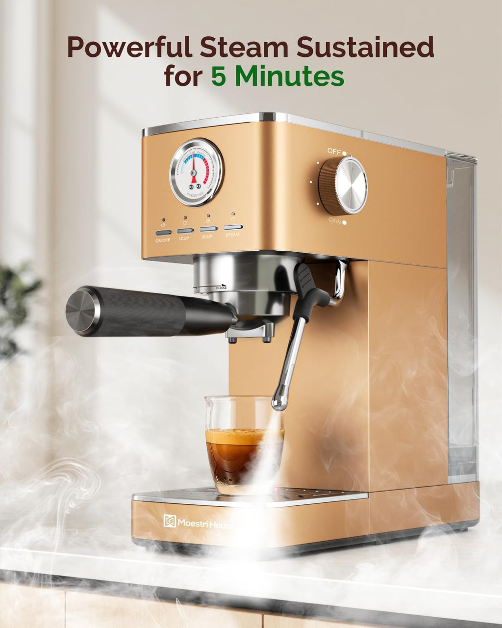 Maestri House Espresso Machines 20 Bar ULKA Pump, Compact Espresso Maker Built-in Flow Meter Steam Milk Frother, 43oz Removable Water Tank Stainless Steel Coffee Machine for Cappuccino (Rose Golden)