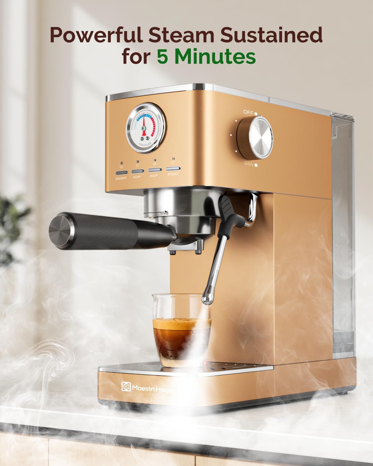 Maestri House Espresso Machines 20 Bar ULKA Pump, Compact Espresso Maker Built-in Flow Meter Steam Milk Frother, 43oz Removable Water Tank Stainless Steel Coffee Machine for Cappuccino (Rose Golden)