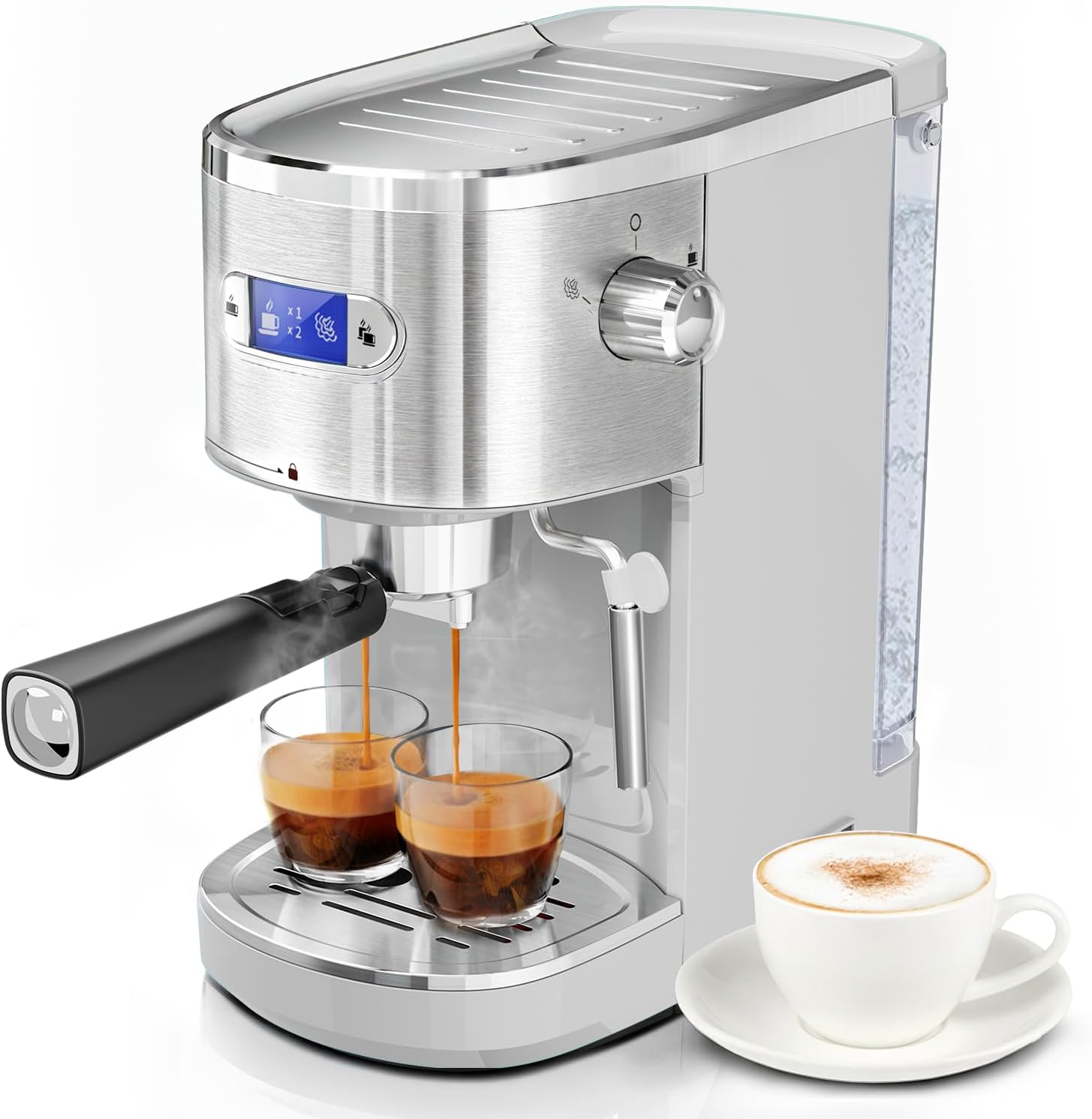 20 Bar Espresso Machine Semi-Automatic, Professional Coffee Maker with Milk Frother Steam Wand & 45OZ Removable Water Tank, Home Barista System for Cappuccino, Latte, Americano-Stainless Steel-Silver
