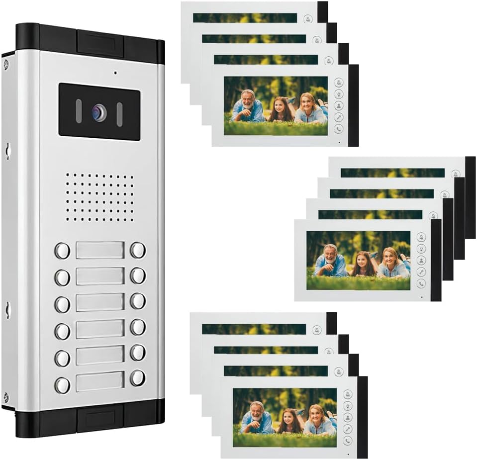 Wired Video Intercom System,7 Inch Ring Video Doorbell with IR Night Vision,HD Camera Kits,IR Outdoor Camera,Dual-Way Intercom for Villa Home Office Apartment (1 Bell +12 Monitor)