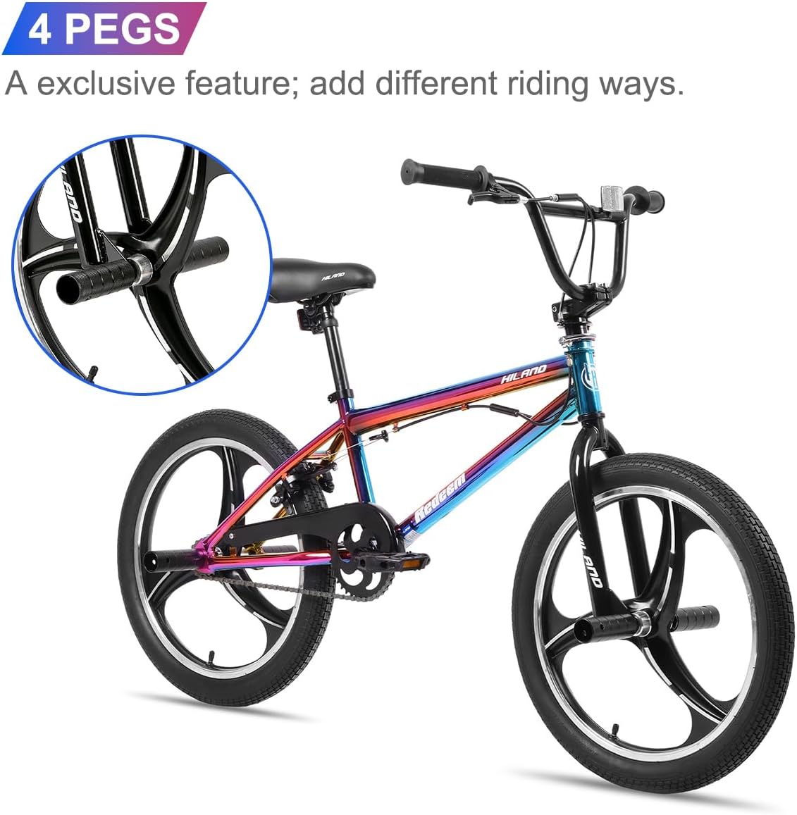 Hiland 20 Inch 3 5 Spoke Kids BMX Bike for Boys Girls Ages 5-12, 360 Degree Rotor Freestyle, 4 Pegs Single Speed Kid's BMX Bicycle, Multiple Colors