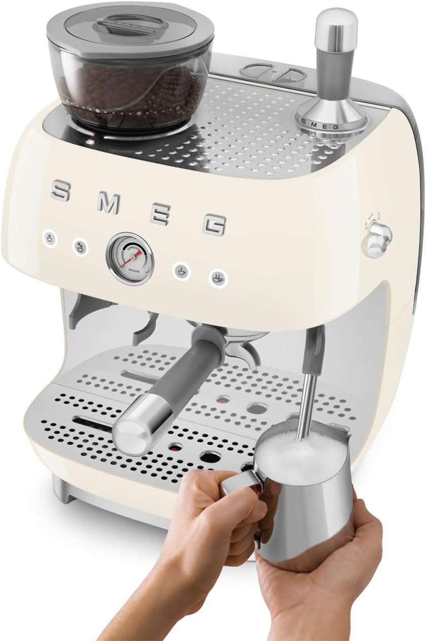 Smeg EGF03 Semi-Automatic Espresso Machine with Built-In Grinder, Dual Thermoblock, 50's Retro Style – Cream (120 V)