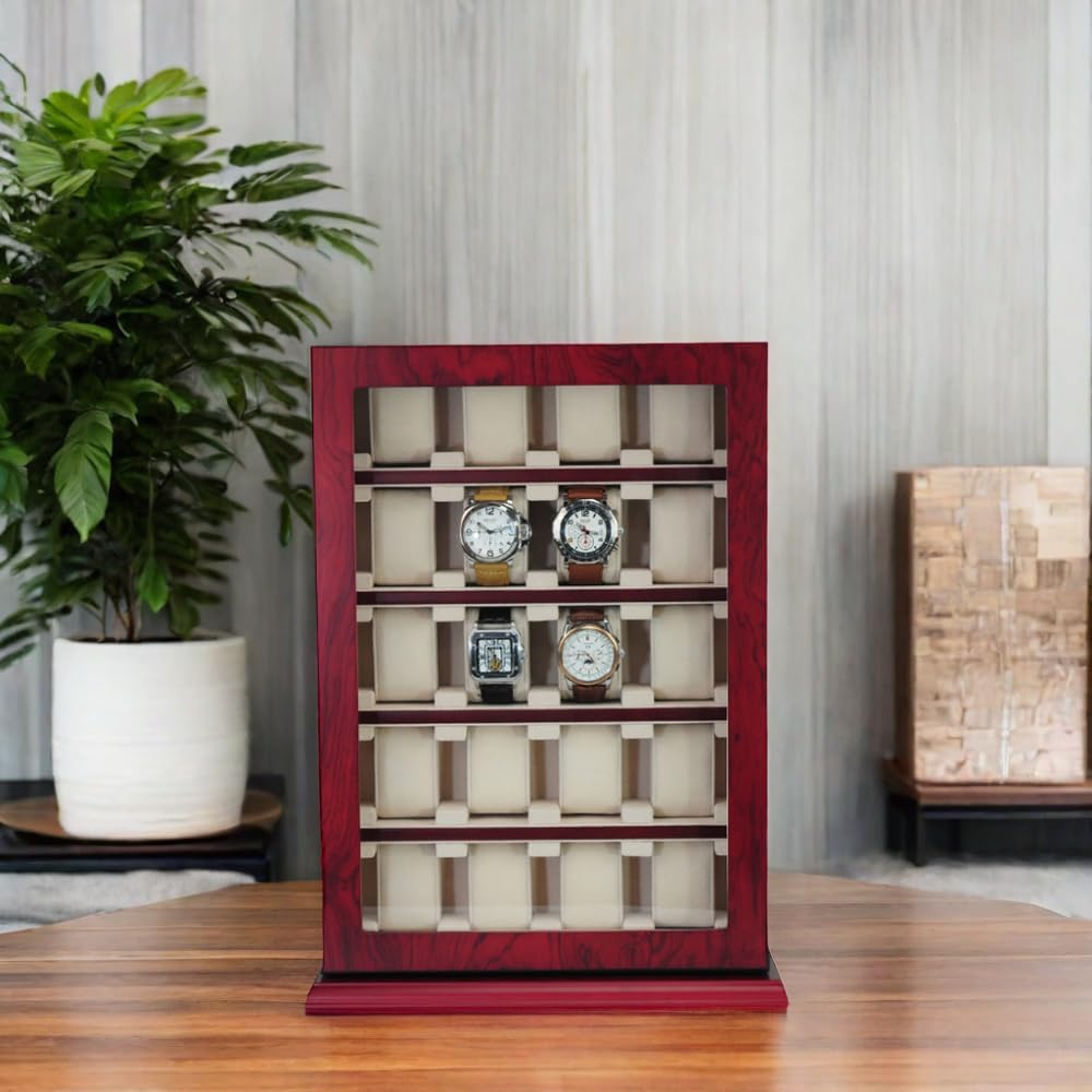 TIMELYBUYS 20 Piece Cherry Wood Watch Display Wall Hanging Case and Storage Organizer Box and Stand for Oversized Watches