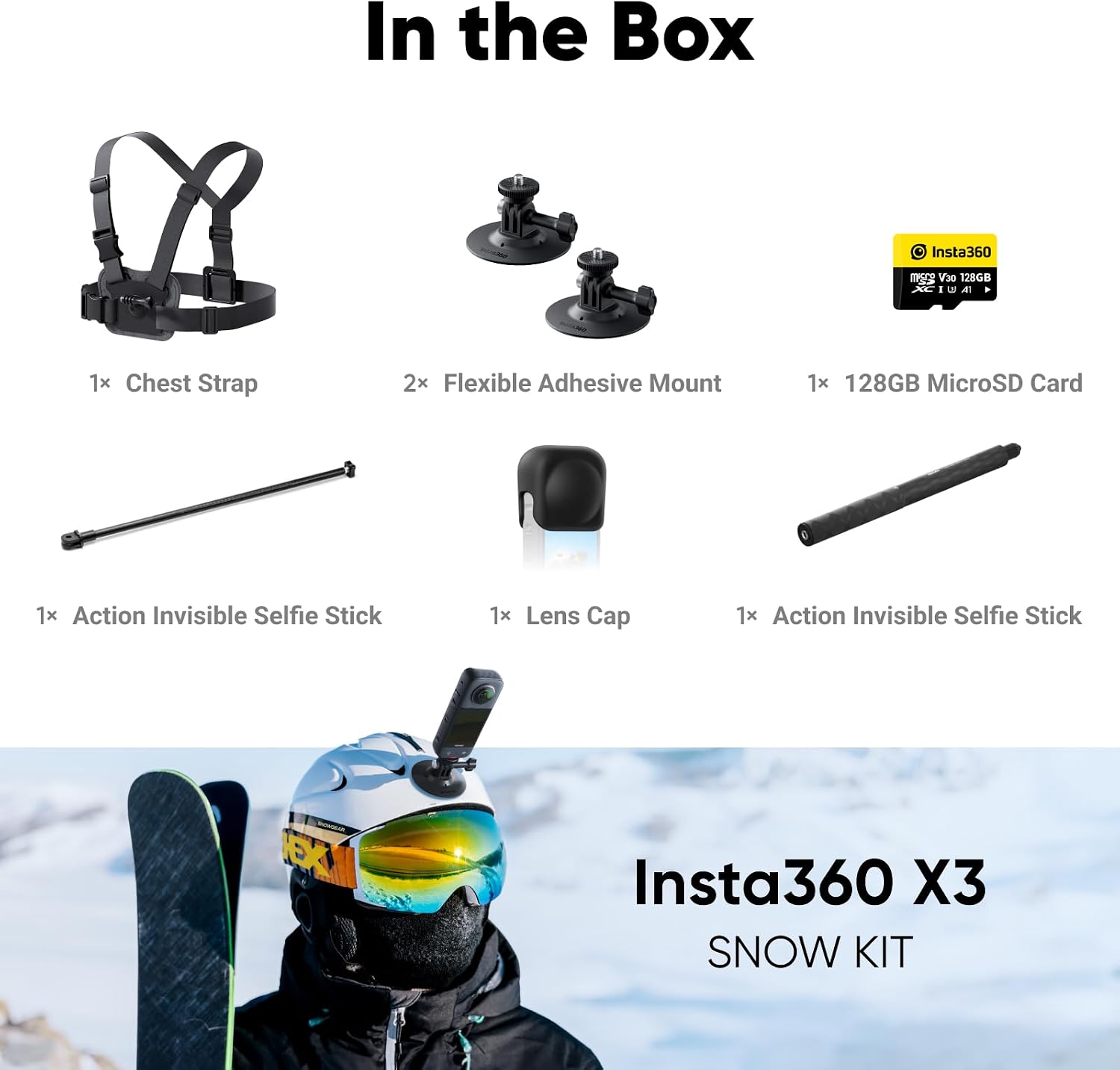 Insta360 X3 Snow Kit (New Version) - 360 Action Camera with 5.7K 360 Active HDR Video, 4K Single-Lens Camera, Waterproof, FlowState Stabilization, 2.29' Touchscreen, AI Editing, Wintersports