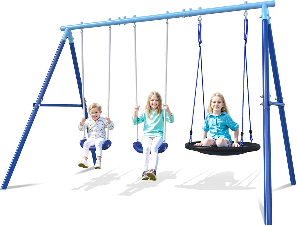 3-in-1 Swing Set for Backyard for Kids 3-8, 550lbs, Heavy Duty Metal A-Frame for Outdoor Playset, Two Blow-Molded Swing Seats and One 32-inch Saucer Swing for Kids Playground