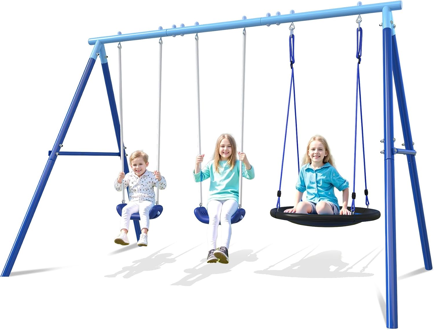 3-in-1 Swing Set for Backyard for Kids 3-8, 550lbs, Heavy Duty Metal A-Frame for Outdoor Playset, Two Blow-Molded Swing Seats and One 32-inch Saucer Swing for Kids Playground
