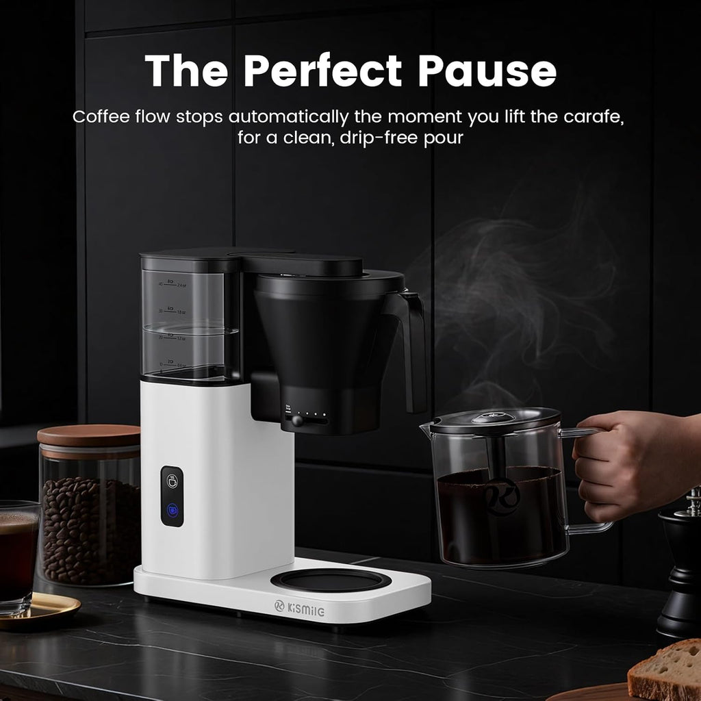Kismile 8-Cup Drip Coffee Maker,SCA-Certified,Rapid Heating System for Seconds Brewing,Automatic Pour Over Coffee Machine,Detachable Water Tank,Deep Cold Brew & Keep Warm 40 Min, Easy to Clean (White)