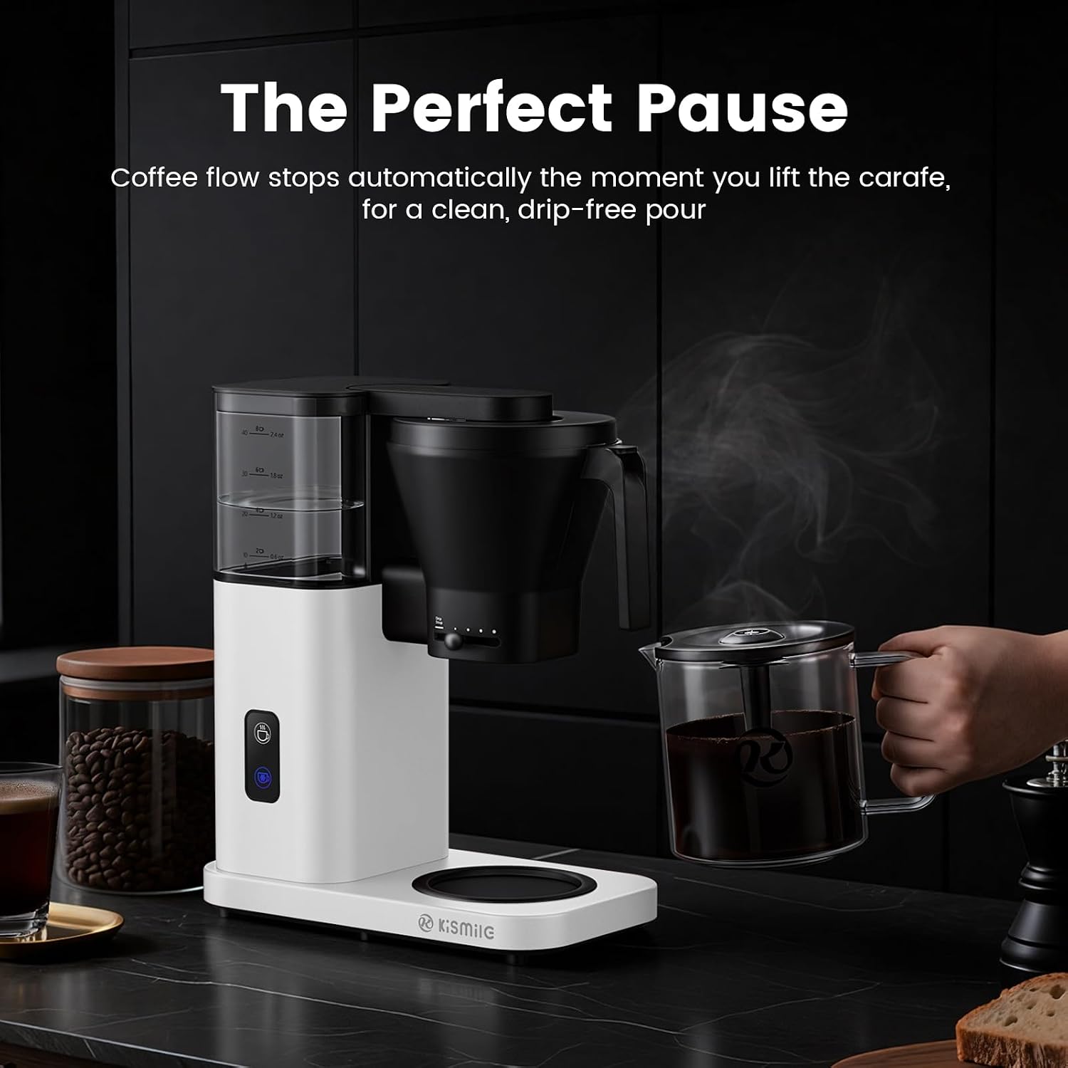 Kismile 8-Cup Drip Coffee Maker,SCA-Certified,Rapid Heating System for Seconds Brewing,Automatic Pour Over Coffee Machine,Detachable Water Tank,Deep Cold Brew & Keep Warm 40 Min, Easy to Clean (White)