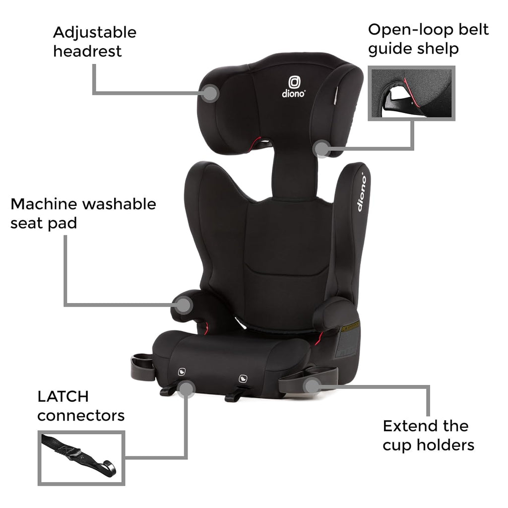 Diono Cambria LE, 2-in-1 Belt Positioning Booster Seat,Backless and High-Back Booster seat for Children from 40—120 lb,17' Wide,6 Headrest Positions,Lightweight with Latch,Black