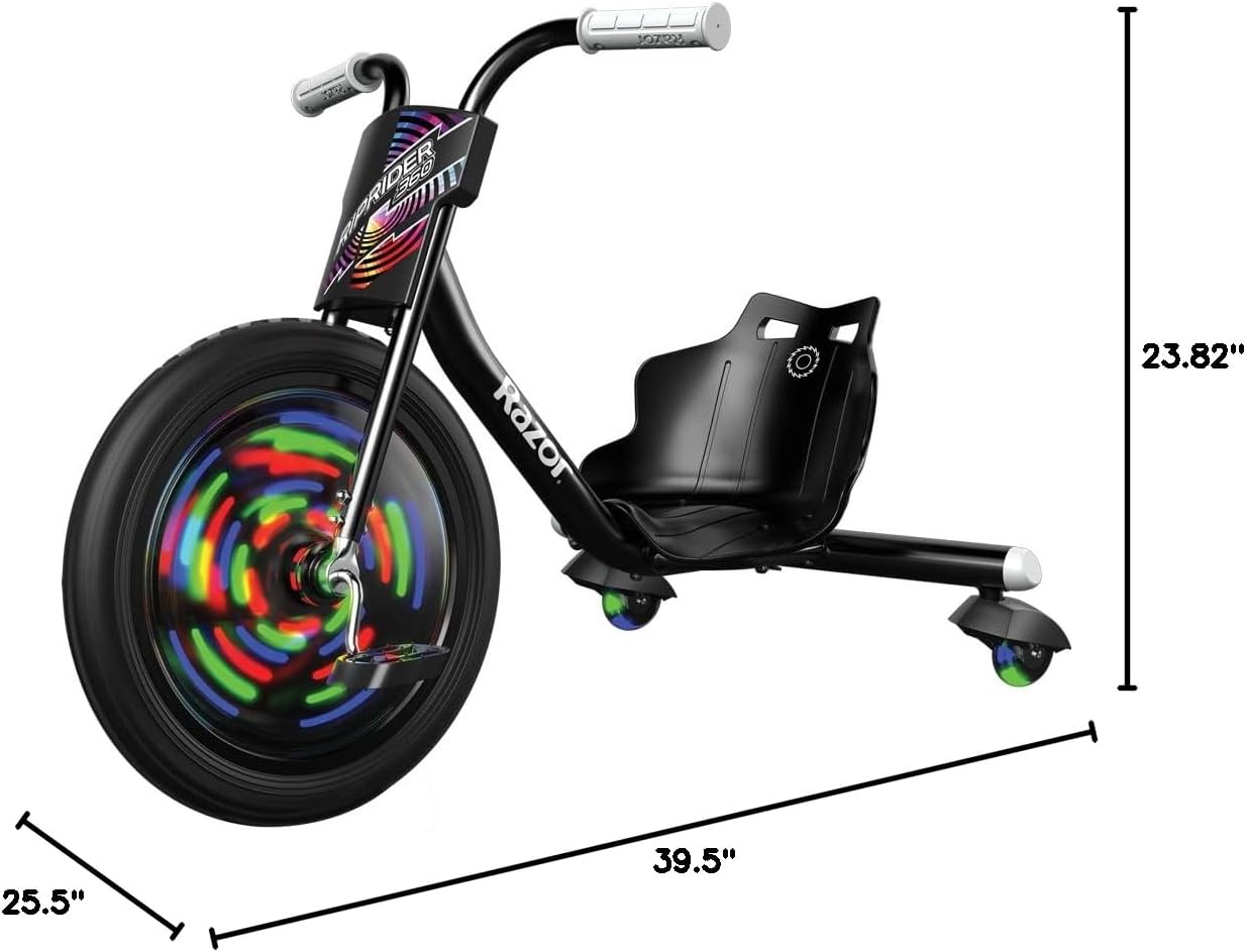 Razor RipRider 360 Lightshow – Trike with Rear Casters and with Motion-Activated Multi-Color Lights, 3 Wheeled Drifting Ride-On for Kids Ages 5 and Up