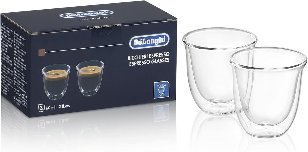 De'Longhi All-in-One Combination Coffee Maker & Espresso Machine + Advanced Adjustable Milk Frother & DeLonghi Double Walled Thermo Espresso Glasses, Set of 2, Regular, Clear
