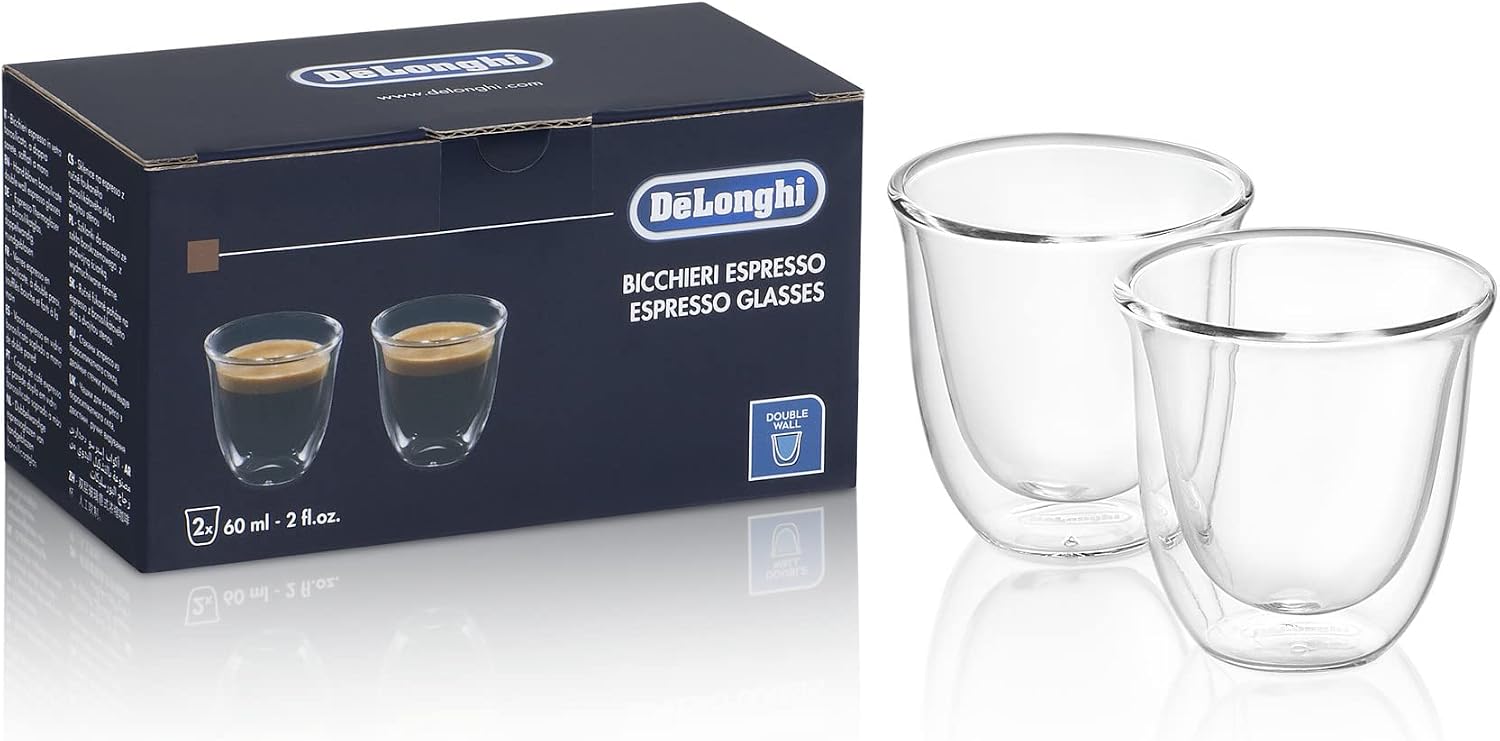De'Longhi All-in-One Combination Coffee Maker & Espresso Machine + Advanced Adjustable Milk Frother & DeLonghi Double Walled Thermo Espresso Glasses, Set of 2, Regular, Clear