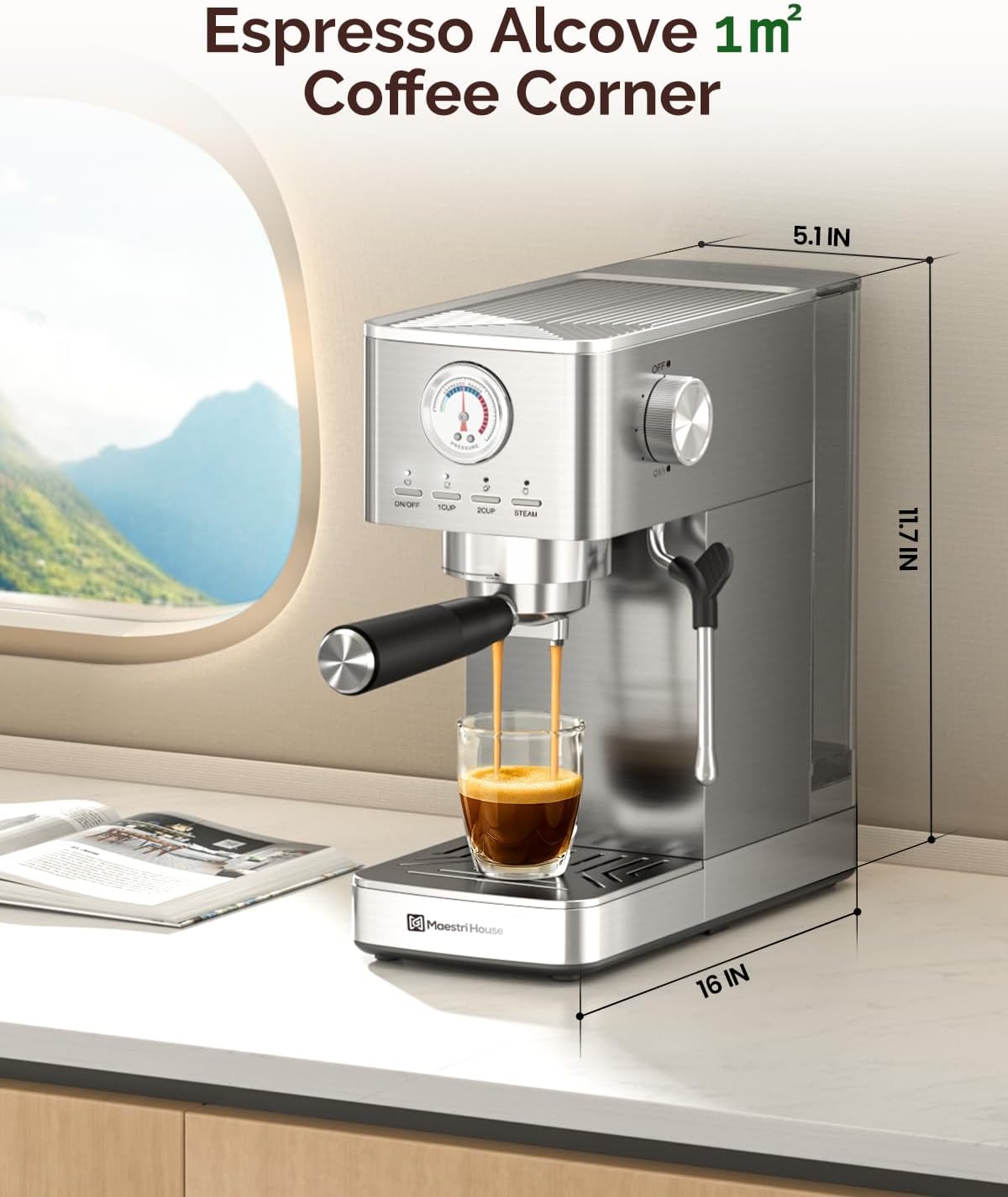 Maestri House Espresso Machines 20 Bar ULKA Pump, Compact Espresso Maker Built-in Flow Meter Steam Milk Frother, 43oz Removable Water Tank Stainless Steel Coffee Machine for Cappuccino (Sliver)