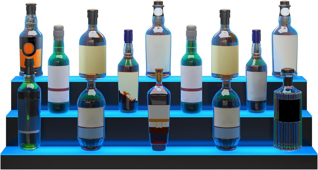 VEVOR LED Lighted Liquor Bottle Display, 3 Tiers 40 Inches, Supports USB, Illuminated Home Bar Shelf with RF Remote & App Control 7 Static Colors 1-4 H Timing, Acrylic Lighted Shelf for 30 Bottles