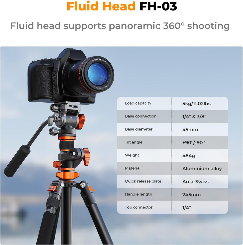 K&F CONCEPT 90''/230cm Overhead Camera Tripod, Horizontal Shooting Video Tripods with Fluid Head Heavy Duty, Detachable Monopod, for Indoor and Outdoor Use T254A7+FH-03