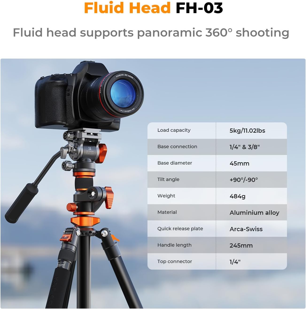 K&F CONCEPT 90''/230cm Overhead Camera Tripod, Horizontal Shooting Video Tripods with Fluid Head Heavy Duty, Detachable Monopod, for Indoor and Outdoor Use T254A7+FH-03