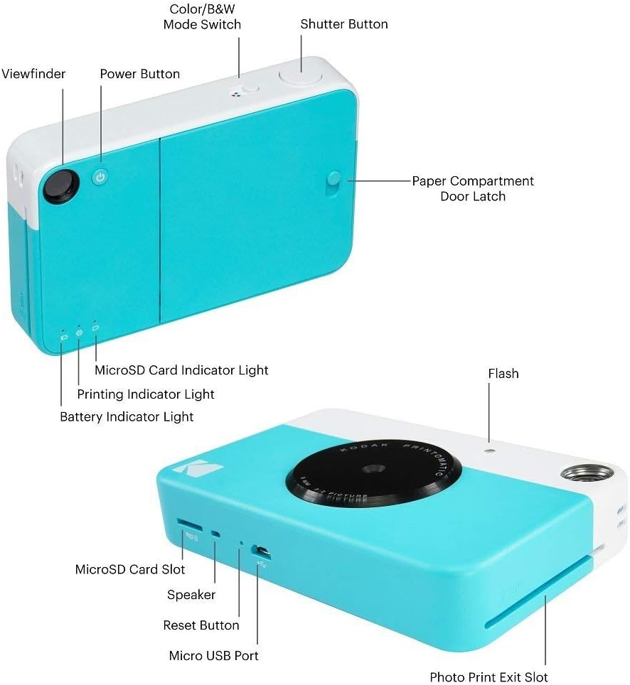 KODAK Printomatic Full-Color Instant Print Digital Camera Colorful Photos On Zink 2x3' Sticky-Back Photo Paper 5MP Gift Bundle: Case + Zink 2x3' 20pk + Album + Stickers + Frames + Markers - Blue