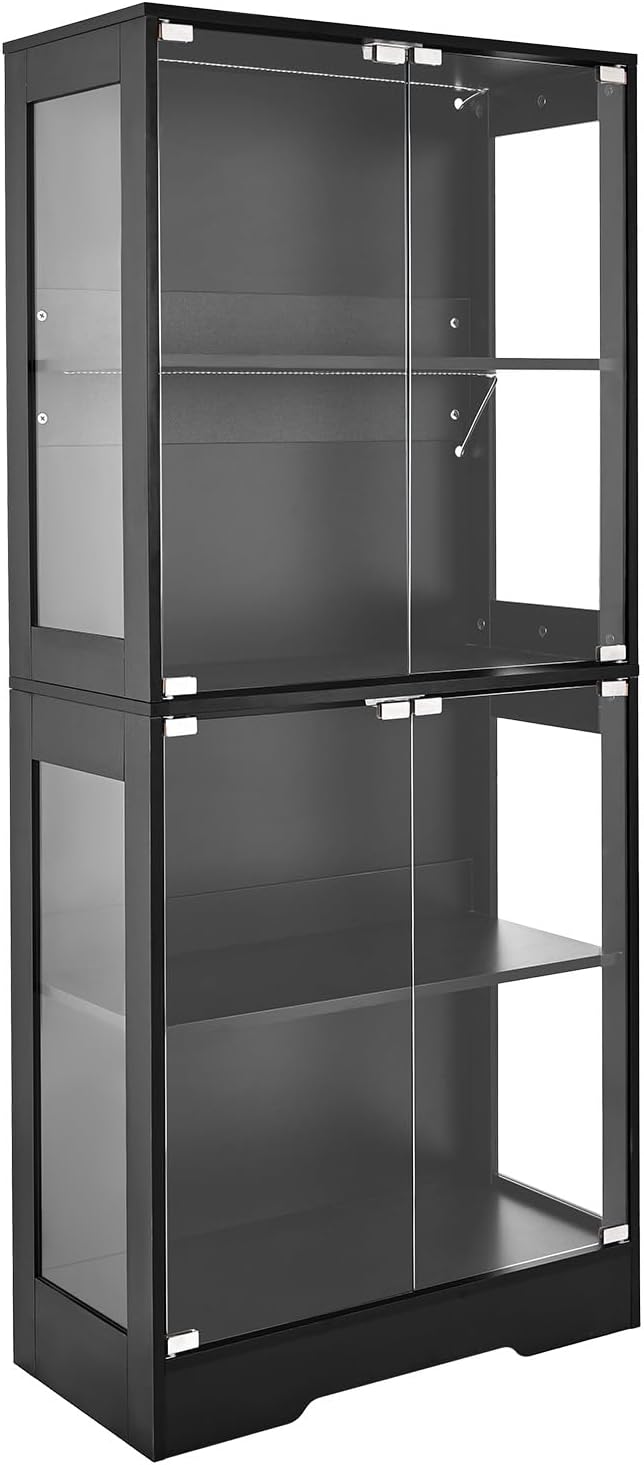 VEVOR Display Cabinet with Glass Doors, 65 in Tall Lighted Display Case with 3 Color Lights, 4-Tier Curio Collectibles Storage Cabinet, Bookshelf Bookcase for Pantry Bedroom Living Room Office