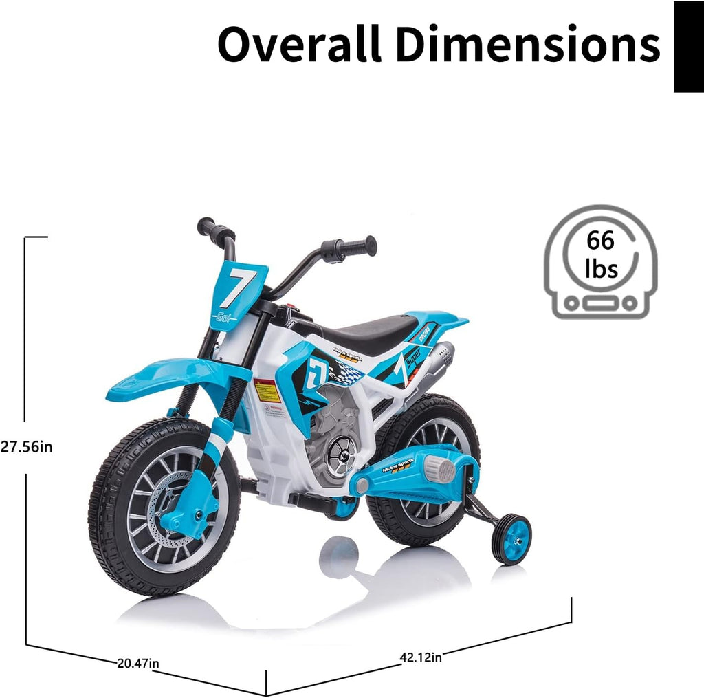 12V Battery Powered Motorcycle for Kids Electric Dirt Bike for Toddler Ride On Toys for Kids w/ 2 Speeds Training Wheels Music and Shock Absorber, Blue