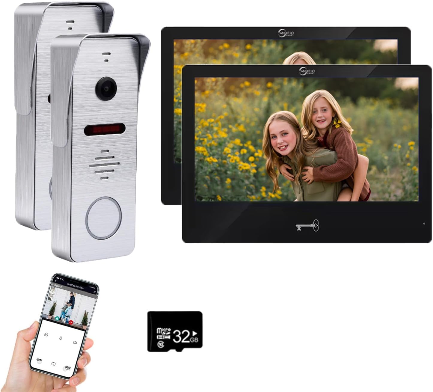 Ring Doorbell Wired,1080P Doorbell Camera(W),Indoor Outdoor Camera,10 Inch Monitor (B) Ring Video Doorbell with Night Vision,Dual-Way Intercom for Villa House Office Apartment (2 Bell +2 Screen)