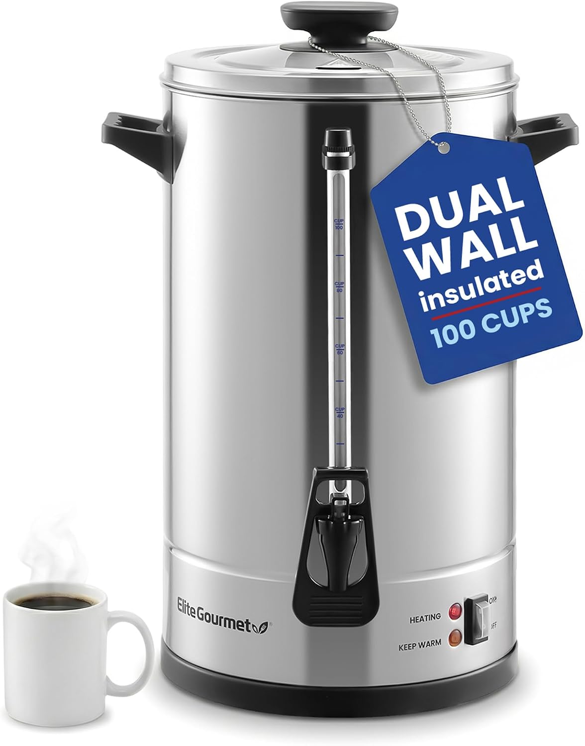 Elite Gourmet 100-Cup Commercial Coffee Urn & Hot Water Boiler – Dual-Wall Insulated, Tested to Keep Coffee Hot for 24 Hours, Dripless Faucet, Stainless Steel for Offices, Churches & Catering