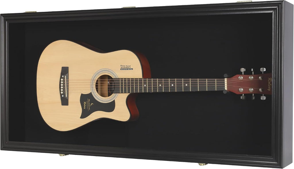DisplayGifts 45' Acoustic Guitar Display Case Cabinet Shadow Box with Guitar Hanger Stand, Lockable 98% UV Protection Black Felt Interior Black Finish Frame