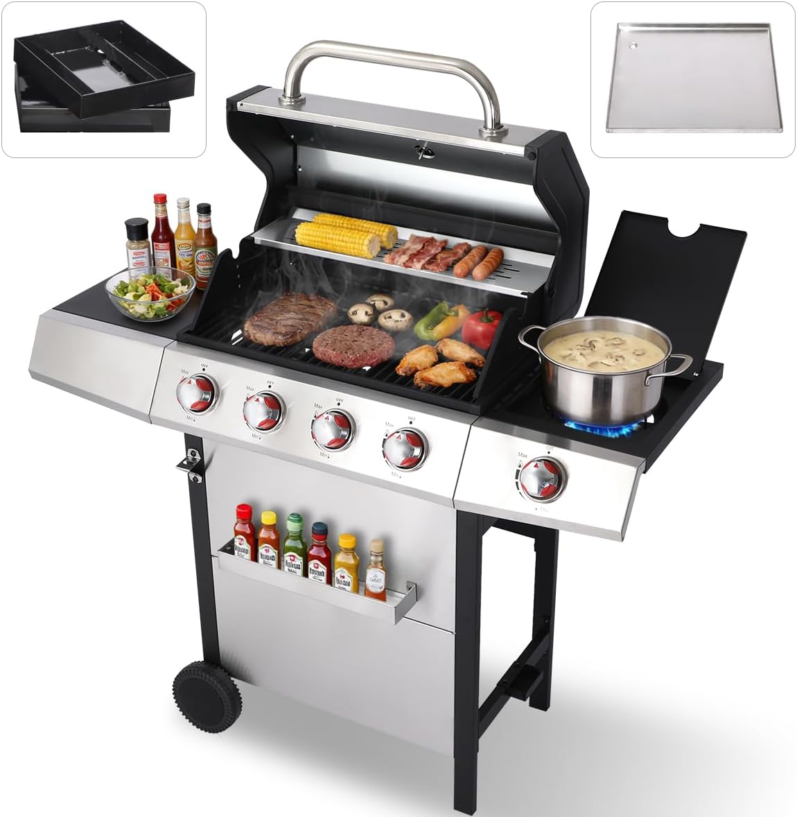 CIG GARDEN 4-Burner Gas & Charcoal Combo Grill with Side Burner - 3-in-1 Propane BBQ Grill, Griddle and Smoker | 52,000 BTU Stainless Steel Outdoor Grill for Backyard, Patio, Camping