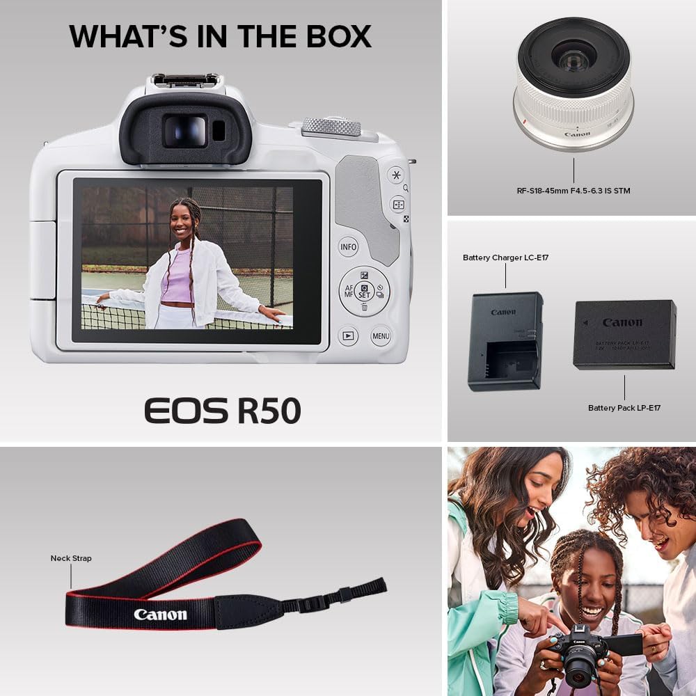 Canon EOS R50 Mirrorless Camera RF-S18-45mm F4.5-6.3 is STM Lens Kit, 24.2 Megapixel CMOS (APS-C) Sensor, 4K Video, Hybrid Camera, Photo and Video, Vlogging, Content Creator, RF Mount, White