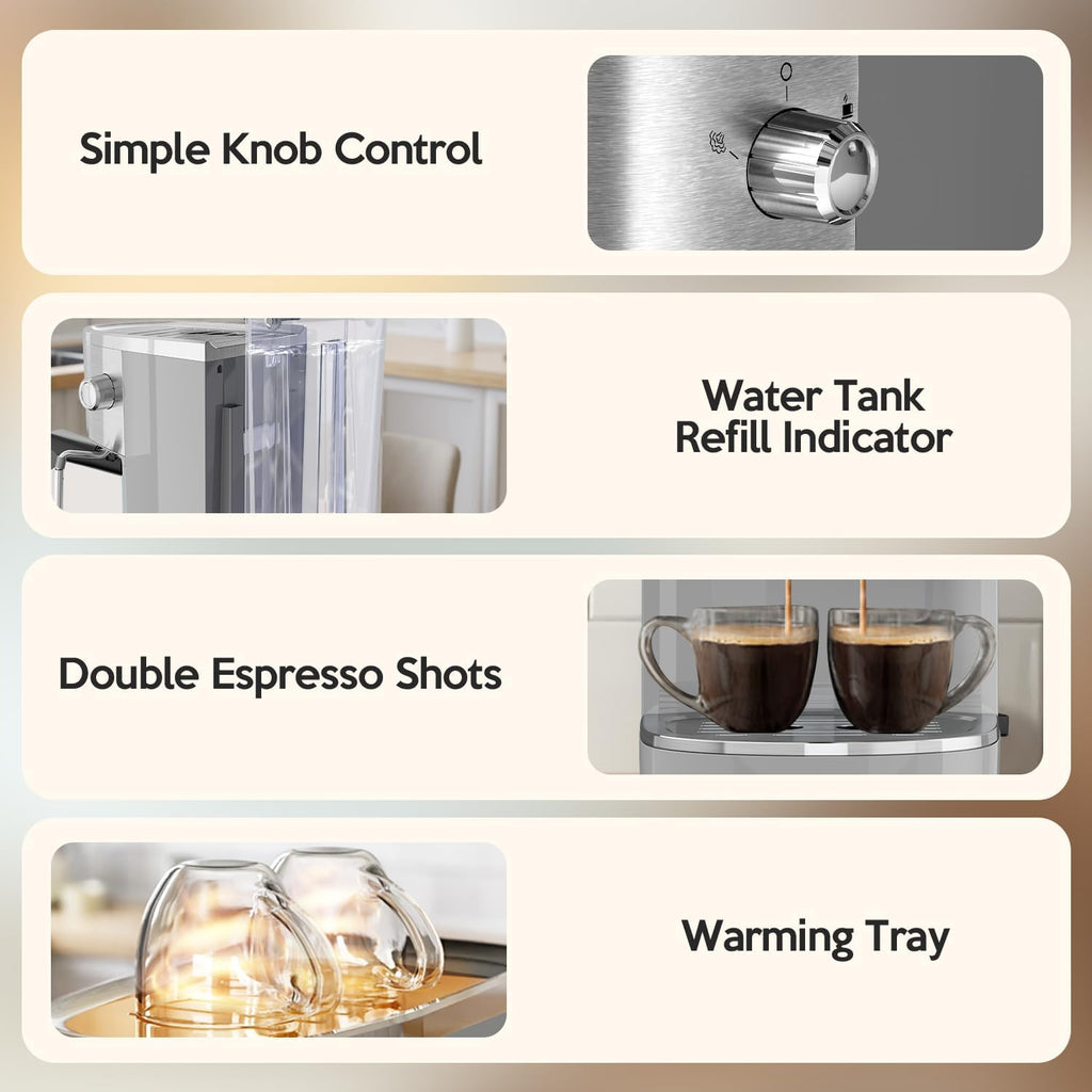 20 Bar Espresso Machine Semi-Automatic, Professional Coffee Maker with Milk Frother Steam Wand & 45OZ Removable Water Tank, Home Barista System for Cappuccino, Latte, Americano-Stainless Steel-Silver