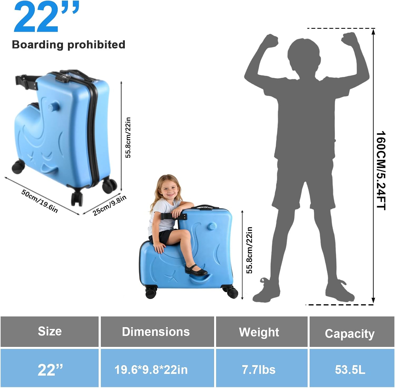 22' Ride on Suitcase for Kids Holds 110 Lbs,with Spinner Wheels,Telescoping Handle,Password Lock and Safety Belt,Rides On Suitcase for Kid Ages 2-4 (Blue)
