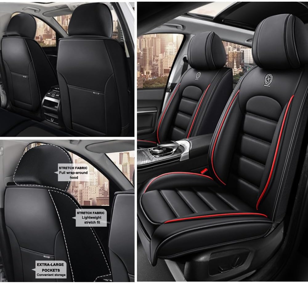 2 Seat Covers for Cadillac Escalade EXT 2007-2013 Leather Car Seat Covers Waterproof Soft Car Seat Protectors Comfort Premium Automotive Seat Covers with Airbag（Standard,Black+Red Bars）