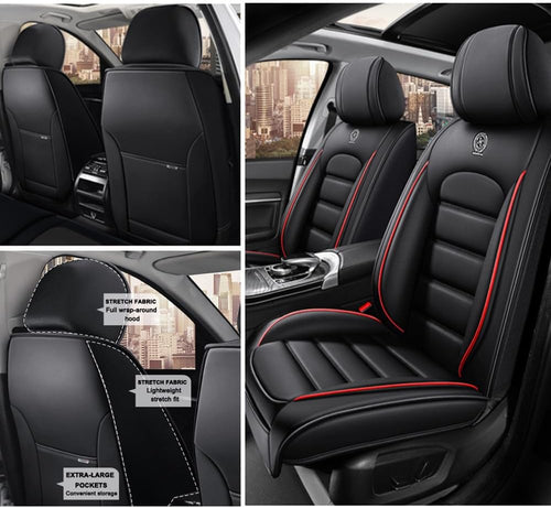 2 Seat Covers for Cadillac Escalade EXT 2007-2013 Leather Car Seat Covers Waterproof Soft Car Seat Protectors Comfort Premium Automotive Seat Covers with Airbag（Standard,Black+Red Bars）