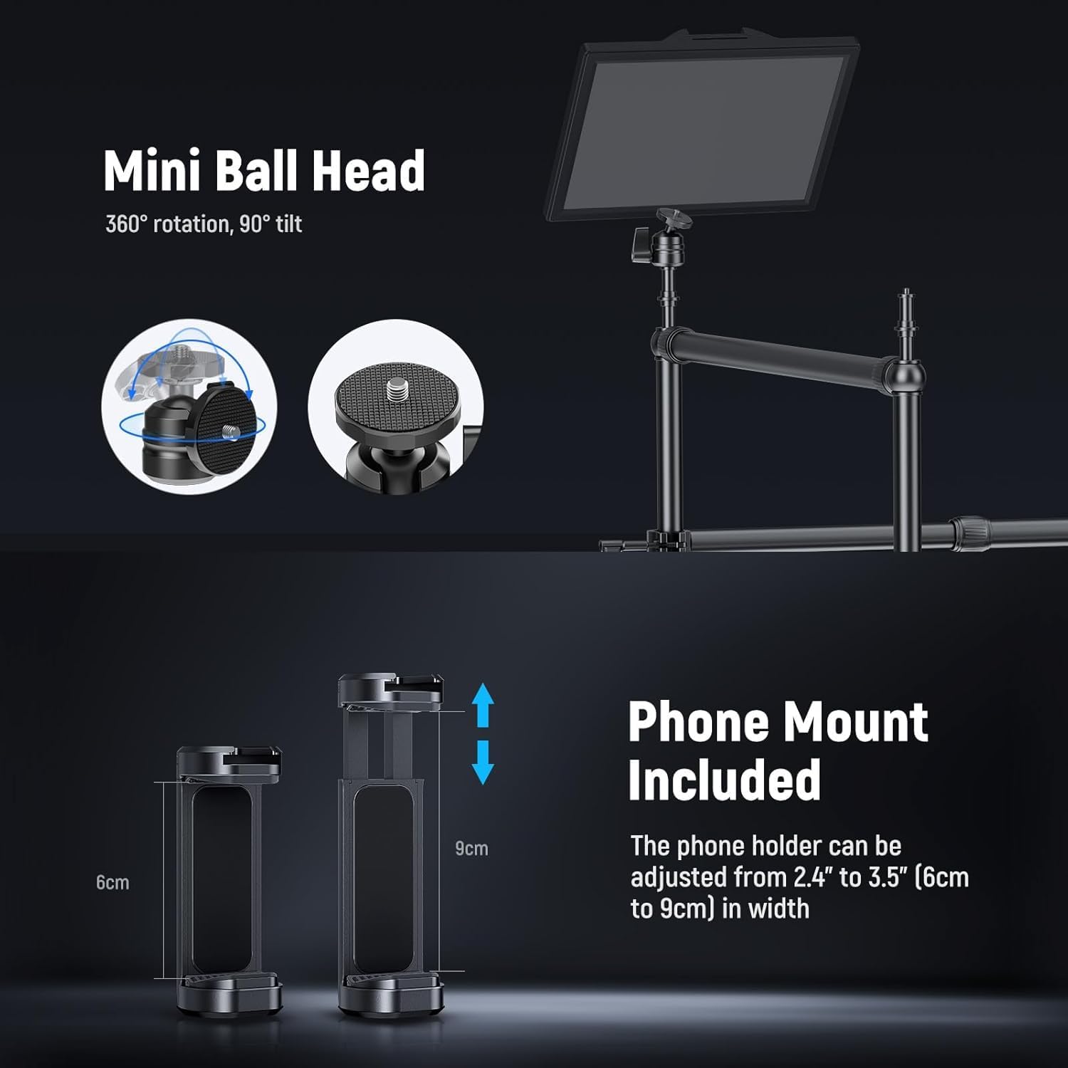 NEEWER Overhead Camera Mount Rig with Dual Ball Head Super Clamp/Phone Holder/C Clamp for Desktop Top Down Shots, Metal Multi Device Mount Platform for Photography Live Streaming Video Making, NK003