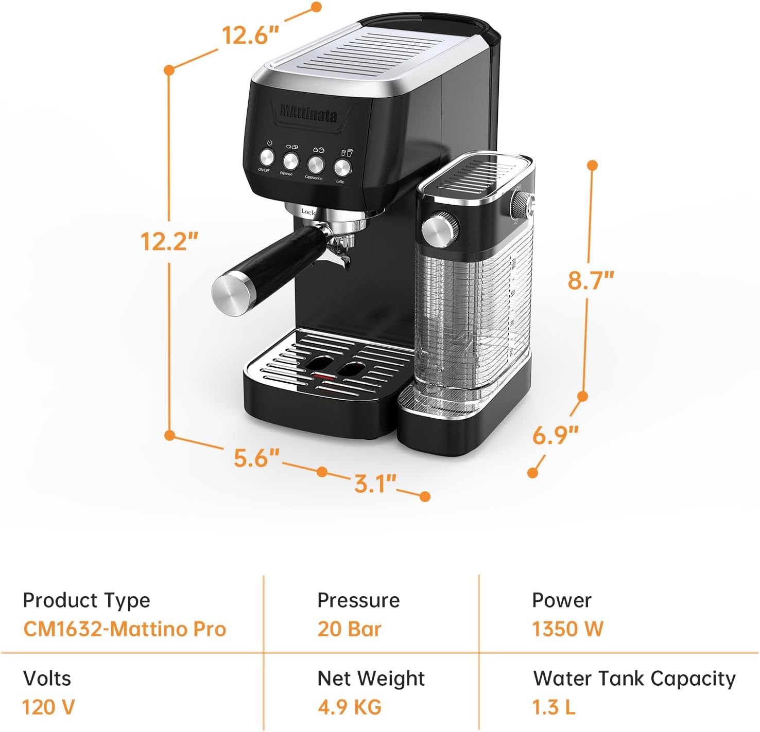 MAttinata Cappuccino Machine 20 Bar, Professional Espresso Machines for Home and Office with Automatic Milk Frothering System, Barista Compact Latte Maker for Coffee Lovers, Stainless Steel-Black