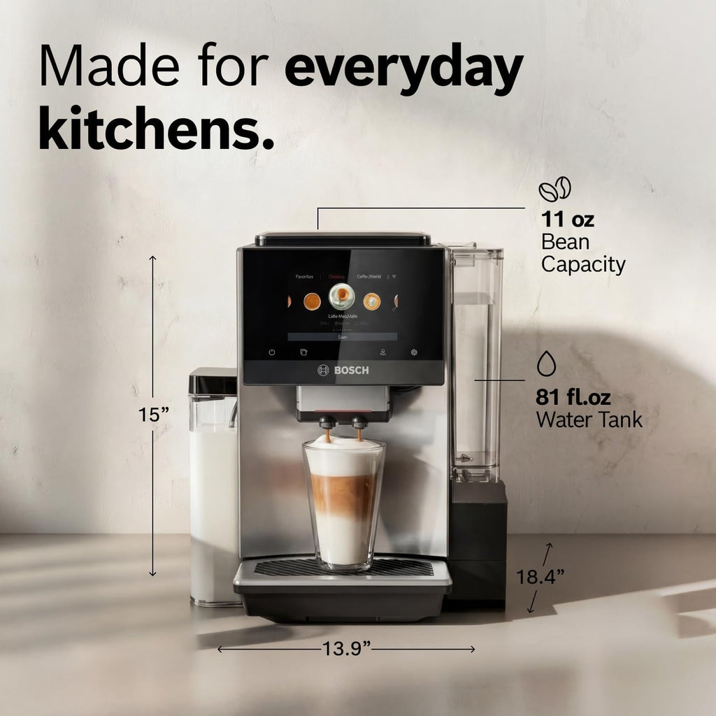 Bosch Fully Automatic Coffee and Espresso Machine - 36 Drinks, Double Cup Barista Style Super Coffee Maker - Touchscreen, Large Bean Capacity - Easy Clean, Maintenance - Silver - TQU60307