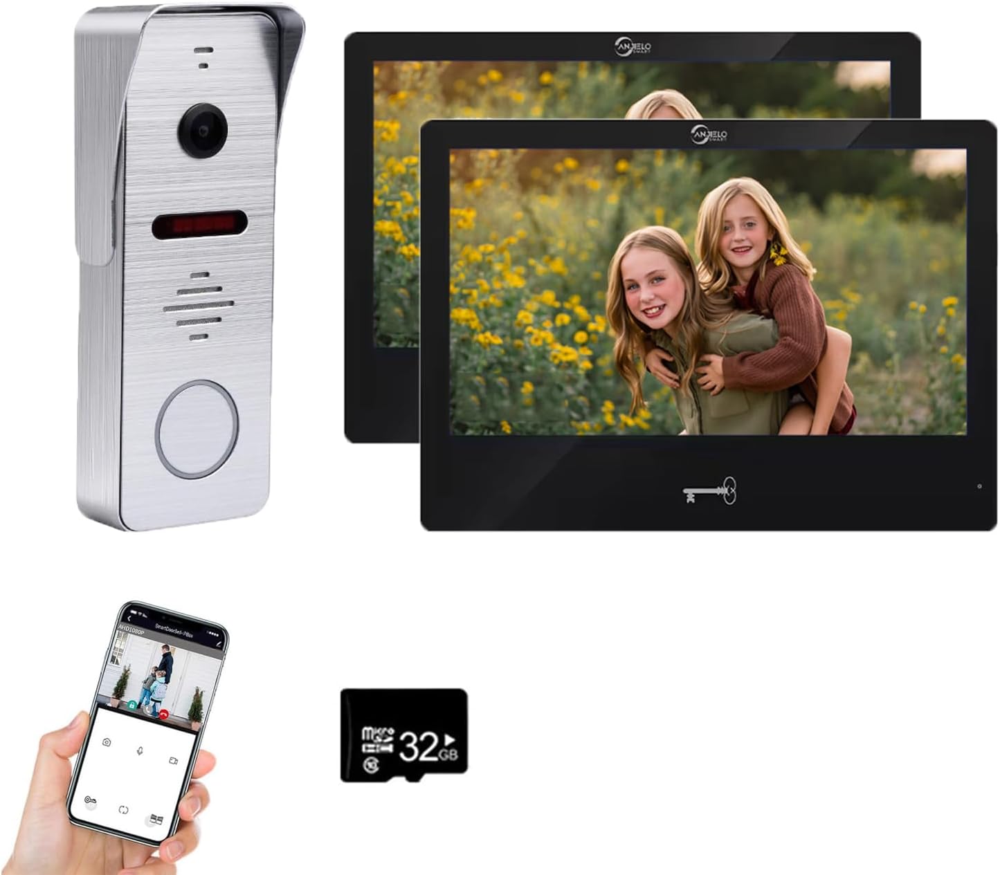 Ring Doorbell Wired,1080P Doorbell Camera(W),Indoor Outdoor Camera,10 Inch Monitor (B) Ring Video Doorbell with Night Vision,Dual-Way Intercom for Villa House Office Apartment (1 Bell +2 Screen)