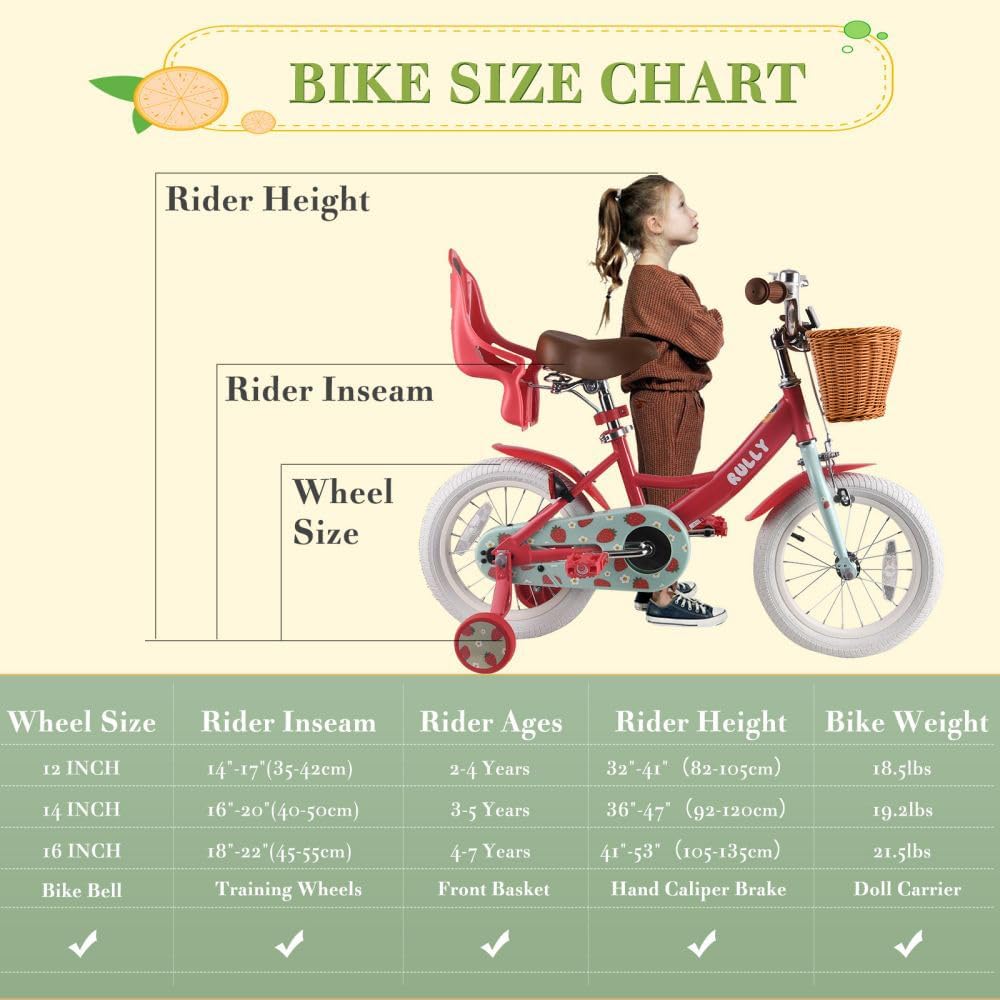 RULLY Fruit Kids Bike 12 14 16 Inch Bicycle for Girls Ages 2-7 Years, Training Wheels Included, Girl Bikes with Basket & Doll Seat | 12, 14, 16, Inch, Bicycle