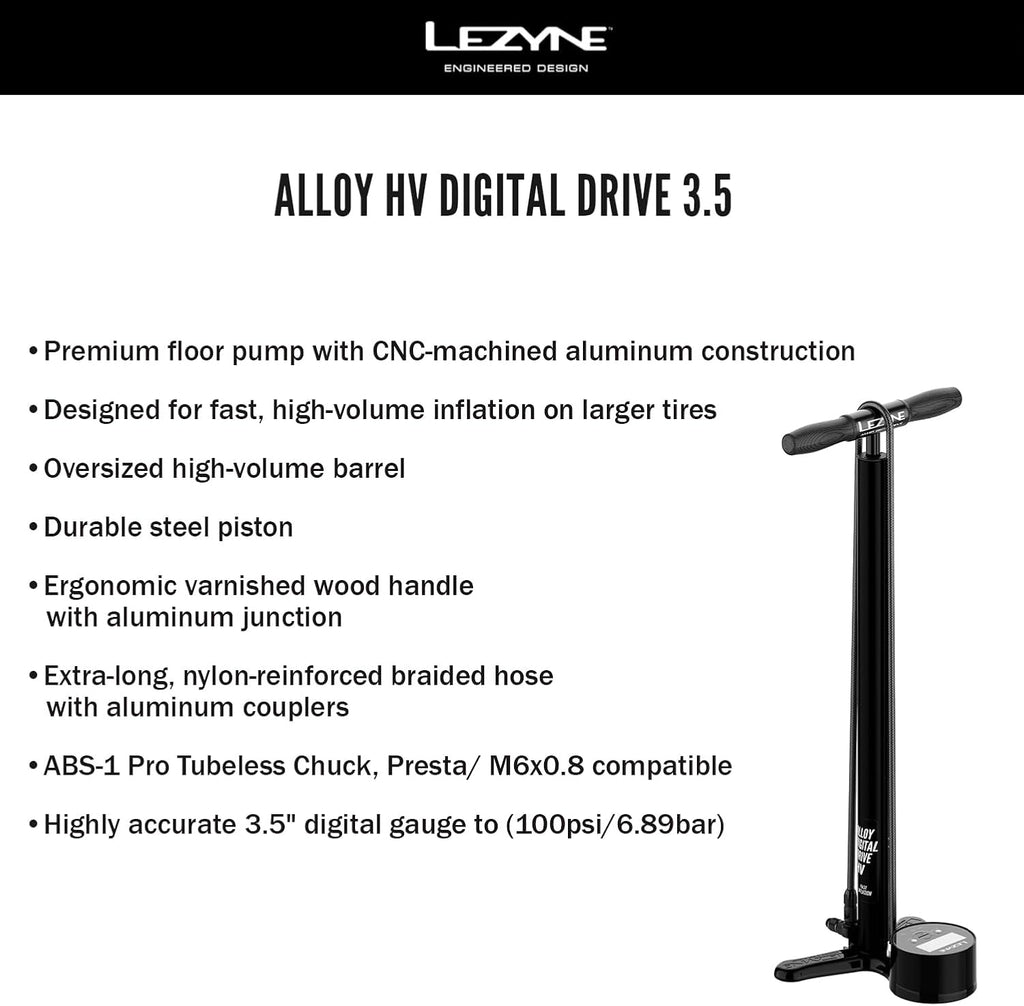 LEZYNE Alloy HV Digital Drive 3.5 High Volume 100PSI Bicycle Floor Pump with 3.5' Digital Gauge - Durable Aluminum Tire Air Pump with Extra Long Nylon Braided Hose for Mountain/Gravel Bikes