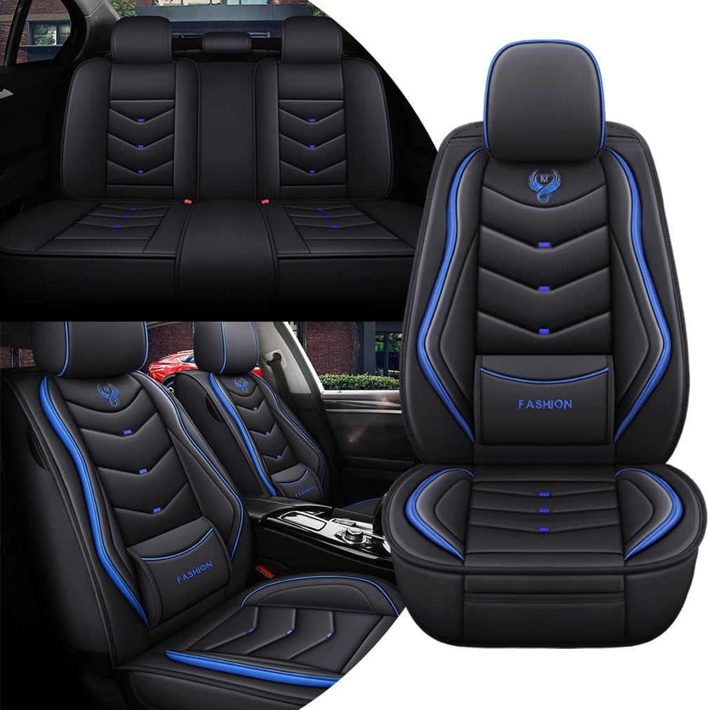 Car Seat Covers Full Set for Nissan Pathfinder 2015-2025 Leather Seat Covers, Waterproof Non-Slip Breathable and Wear Seat Cover, Car Seat Protector Adapted Airbags（Standard, Black+Blue）