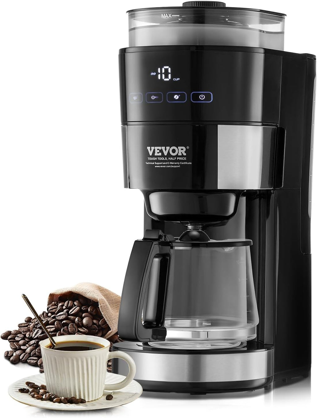 VEVOR Coffee Maker with Grinder, 10 Cup Coffee Machine, Grind and Brew Coffee Maker with 3 Brew Strength Control, Adjustable Grinding Coarseness, for Home Office Restaurant