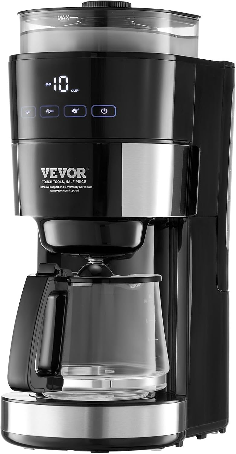 VEVOR Coffee Maker with Grinder, 10 Cup Coffee Machine, Grind and Brew Coffee Maker with 3 Brew Strength Control, Adjustable Grinding Coarseness, for Home Office Restaurant